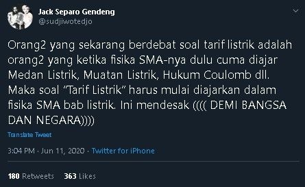 Sudjiwo Tedjo tanggapi soal kenaikan listrik. (Twitter/@sudjiwotedjo)