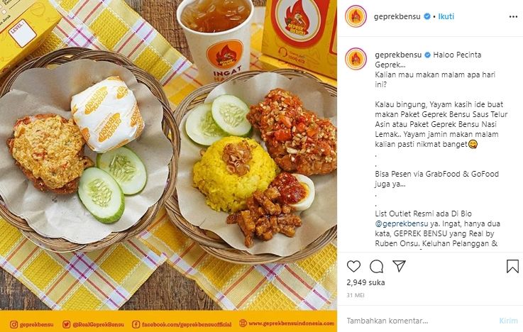 Geprek Bensu Trending, Intip Menu Andalan Bisnis Kuliner Milik Ruben Onsu. (Instagram/@geprekbensu)