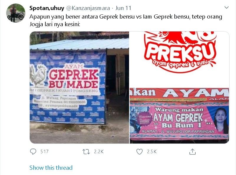 Warung ayam geprek andalan orang Jogja - (Twitter/@Kanzanjasmara)