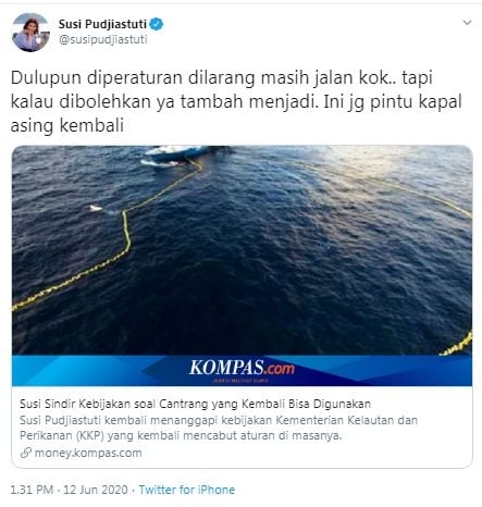 Susi Pudjiastuti komentar soal penggunaan cantrang kembali diizinkan (Twitter/susipudjiastuti)