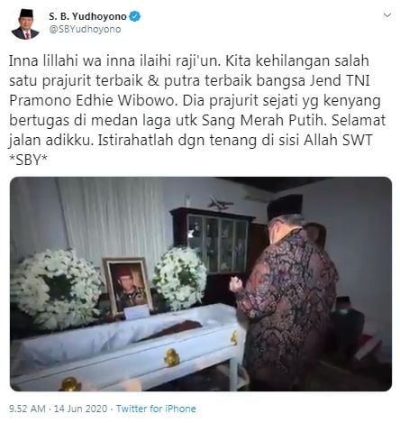 Cuitan duka SBY atas kepergian Pramono Edhie Wibowo (Twitter/sbyudhoyono)