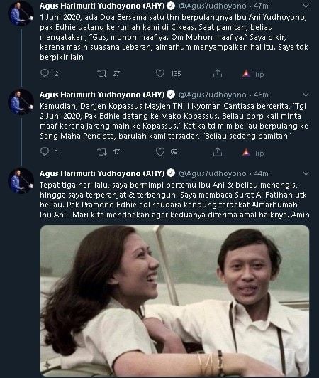 AHY ungkap firasat sebelum kepergian sang paman, Pramono Edhie Wibowo. (Twitter/@AgusYudhoyono)