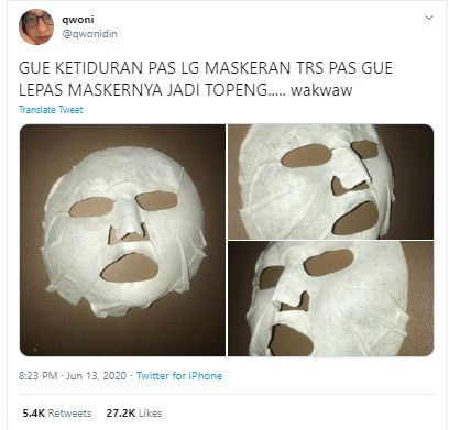 Efek ketiduran saat pakai sheet mask. (Twitter/@qwonidin)