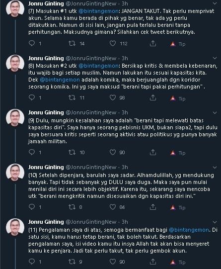 Nasihat Jonru Ginting untuk Bintang Emon. (Twitter)