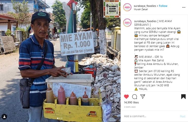 Murahnya Kebangetan, Bapak-bapak Ini Jual Mie Ayam Seharga Rp 1.000. (Instagram/@surabayafoodies)
