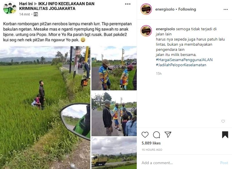 Pemotor masuk sawah gara-gara pesepeda. (Instagram)