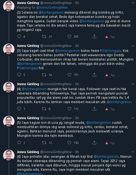 Nasihat Jonru Ginting untuk Bintang Emon. (Twitter)