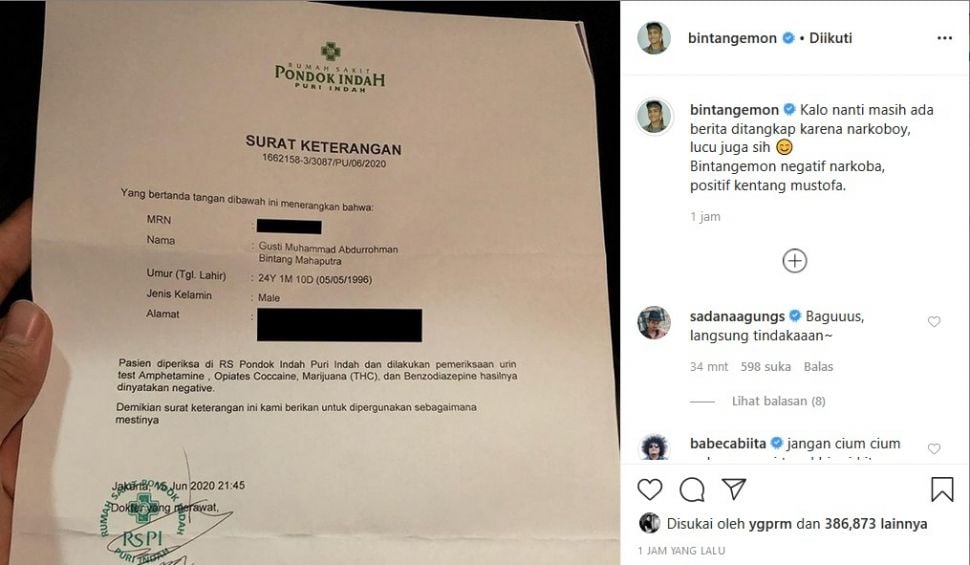 Bintang Emon beri bukti kalau dirinya bukan pengguna narkoba. [Instagram]