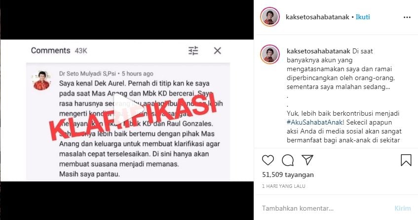 Cek fakta akun Kak Seto komentari klaridikasi Krisdayanti (Turnbackhoax.id)