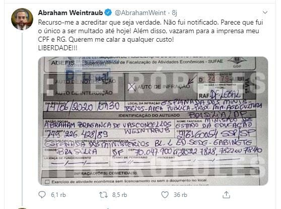 Menteri Pendidikan Brasil didenda karena tak pakai masker. (Twitter/@abrahamweint)