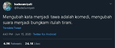 Bude Sumiyati menyinggung soal tirani. (Twitter/@BudeSumiyati)