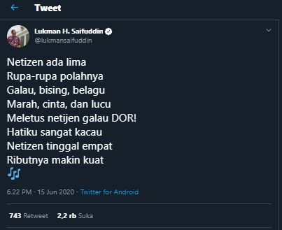 Eks Menteri Agama, Lukman H Saifuddin berkicau di media sosial tentang gubahan lagu Balonku. [@lukmansaifuddin / Twitter]