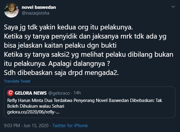 Cuitan Novel Baswedan.(Twitter)