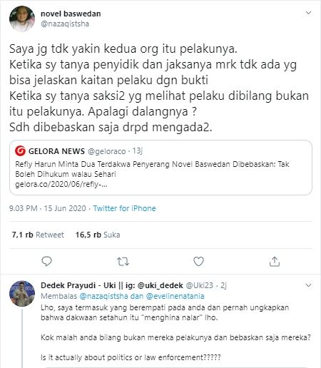 Cuitan Novel Baswedan soal pembebasan pelaku penyiraman yang dibalas Dedek Uki (Twitter).