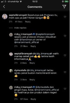 Komentar warganet soal sepatu Prabowo Subianto (Instagram).