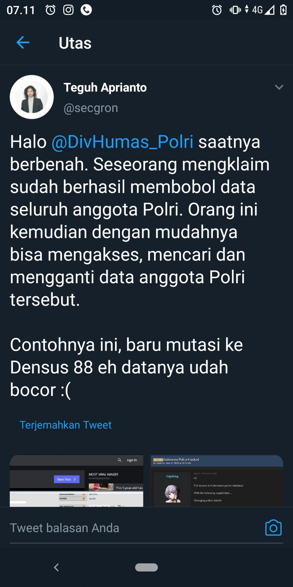 Jual beli data anggota Polri diungkap oleh akun Twitter @secgron. (Ist)