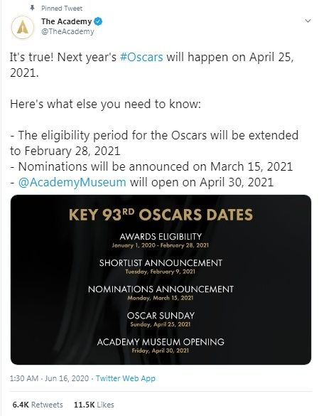 Oscar 2021 resmi ditunda [Twitter/@theacademy]