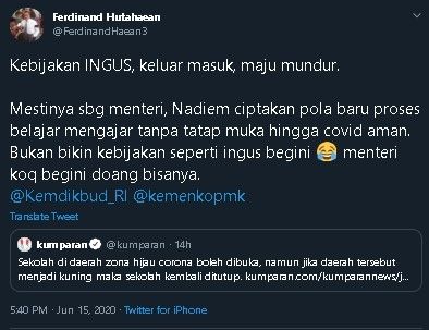 Ferdinand Hutahaean tanggapi sekolah di zona hijau kembali dibuka. (Twitter/@FerdinandHaean2)