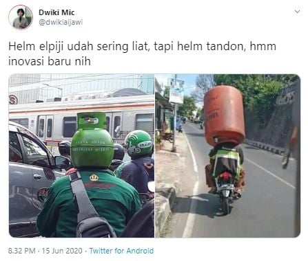 Viral warga pakai ember tandon air jadi helm (Twitter).