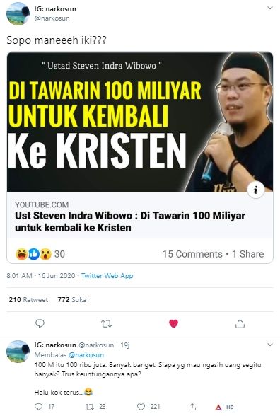 Cuitan warganet soal video viral ceramah Ustaz Steven ditawari Rp 100 M (Twitter).