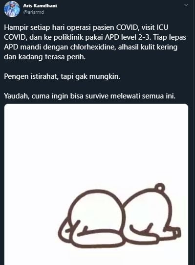 Cerita dokter bedah yang kelelahan tangani pasien Covid-19. [@arisrmd / Twitter]