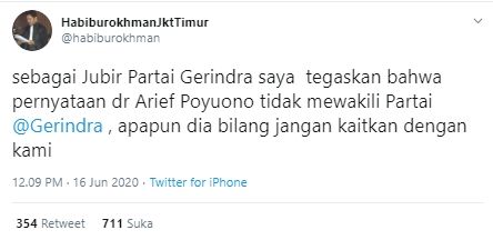 Klarifikasi Habiburokhman soal pernyataan Arief Puyuono (Twitter).