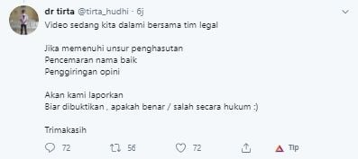 Cuitan dr. Tirta akan polisikan akun Twitter @ramydhia (Twitter).