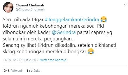 Cuitan warganet dengan tagar #TenggelamkanGerindra (Twitter).