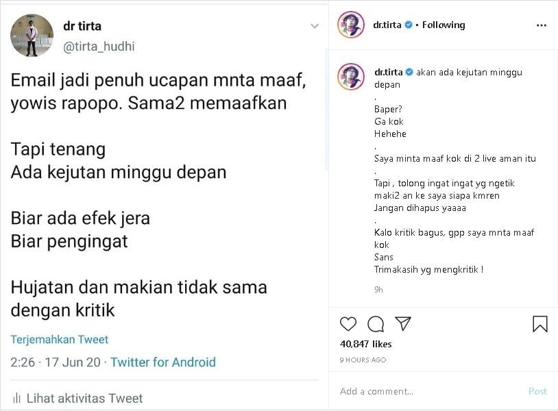 Unggahan dr Tirta - (Instagram/@dr.tirta)