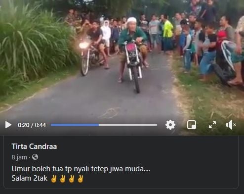 Viral kakek-kakek ikut drag motor, bikin heran. (Facebook/Tirta Candraa)