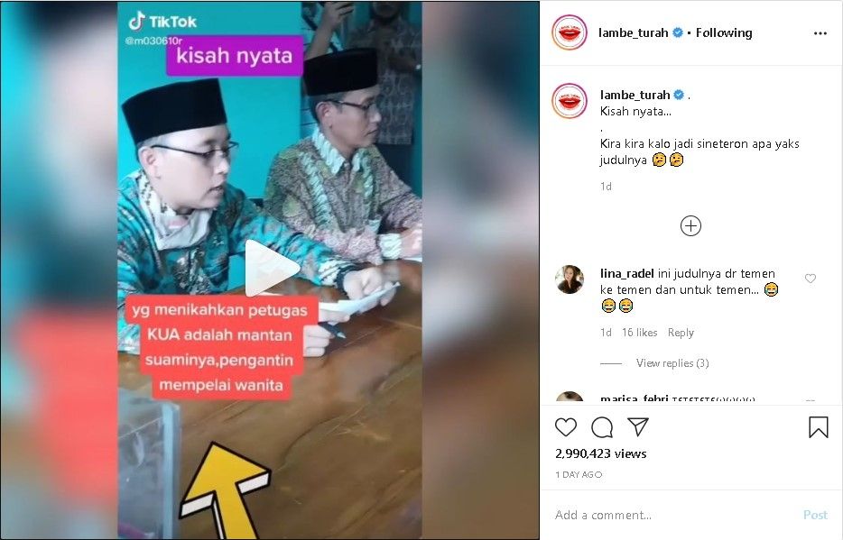 Petugas KUA nikahkan mantan istri dengan teman sendiri - (Instagram/@lambe_turah)