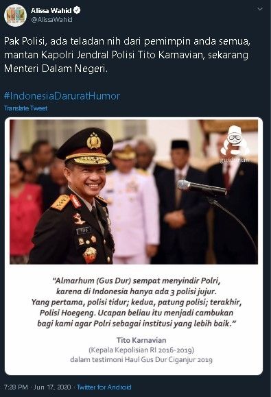 Alissa Wahid tanggapi soal warga diciduk aparat gegara unggah humor gus dur. (Twitter/@AlissaWahid)