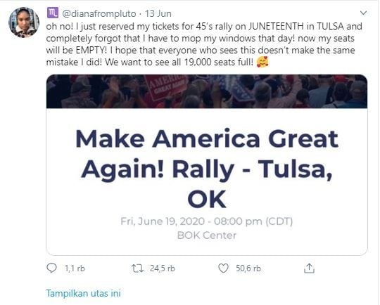 Warganet beli tiket kampanye Donald Trump. (Twitter/@dianafrompluto)