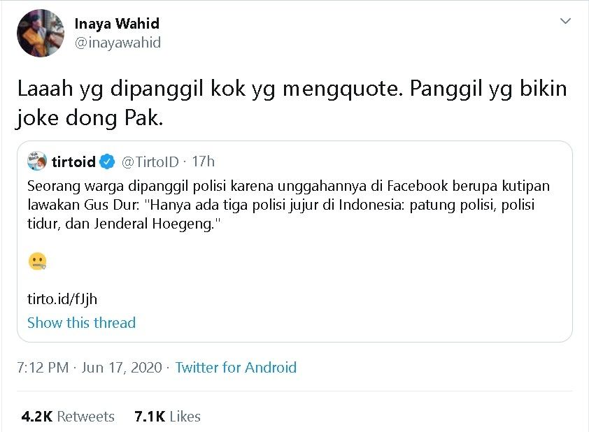 Putri Gus Dur sentil polisi yang permasalahkan humor "3 polisi jujur" - (Twitter/@inayawahid)