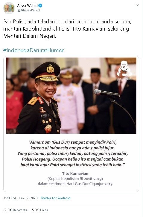 Putri Gus Dur sentil polisi yang permasalahkan humor "3 polisi jujur" - (Twitter/@AlissaWahid)