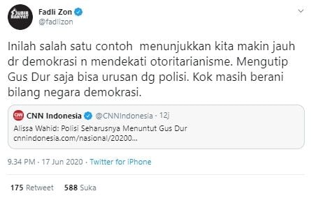 Cuitan Fadli Zon soal penangkapan warga karena mengutip lelucon Gusdur (Twitter).