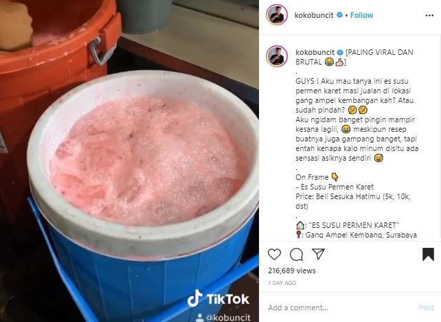 Diaduk Dalam Ember Besar, Es Susu Permen Karet di Surabaya Ini Bikin Ngiler. (Instagram/@kokobuncit)