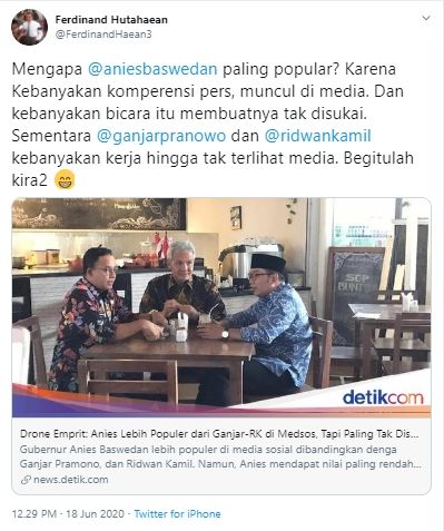 Cuitan Ferdinand Hutahaean soal Anies Baswedan (Twitter).