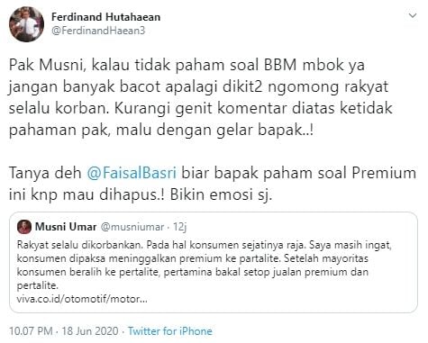 Cuitan Ferdinand Hutahaean soal BBM (Twitter).