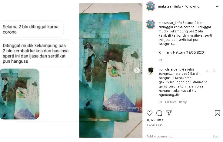 Ijazah anak kos rusak gegara kelamaan mudik. (Instagram/@makassar_iinfo)