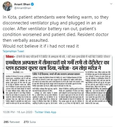 Pasien corona di India tewas setelah kabel ventilator dicabut buat AC (Twitter).