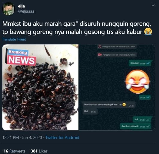 Kocak, Disuruh Ibu Masak Bawang Goreng, Endingnya Malah Jadi Dark Mode. (Twitter/@eljaaaa_)