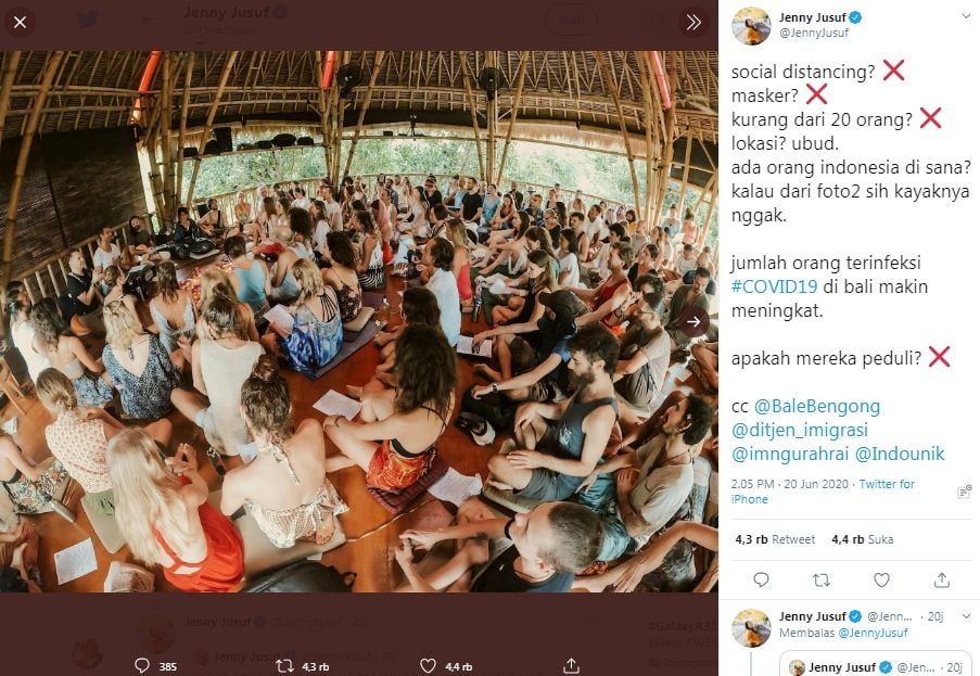 viral turis asing berdesakan tanpa batas fisik di House om Om Bali (Twitter/jennyjusuf)