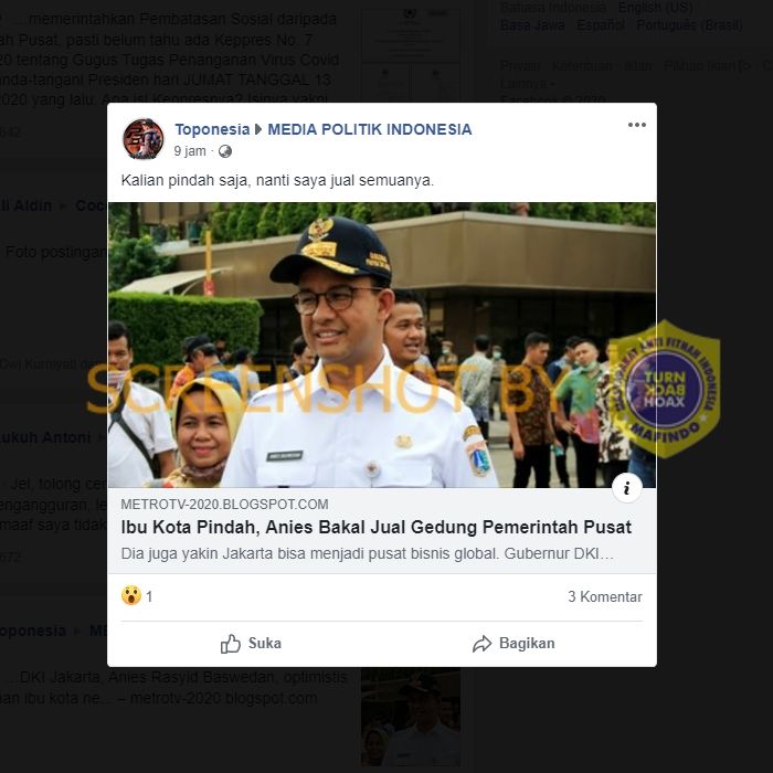 Anies akan jual gedung pemerintah pusat jika ibu kota pindah (Turnbackhoax.id)