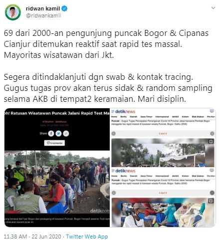 69 wisatawan Puncak Bogor reaktif Covid-19 (Twitter/ridwankamil)