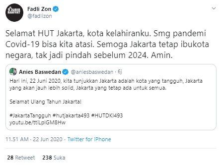 Fadli Zon berharap Ibukota negara tetap di Jakarta dan tidak jadi pindah (Twitter).