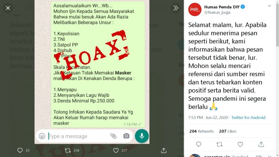 Hoaks razia tak pakai masker - (Twitter/@humas_jogja)