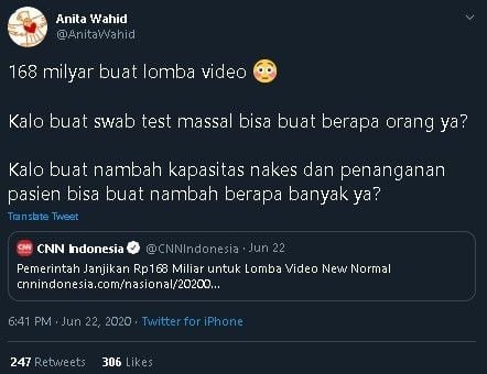 Anita Wahid tanggapi lomba video new normal berhadiah Rp 168 miliar. (Twitter/@AnitaWahid)