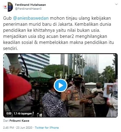 Cuitan Ferdinand Hutahaean soal kebijakan PPDB pakai usia (Twitter).