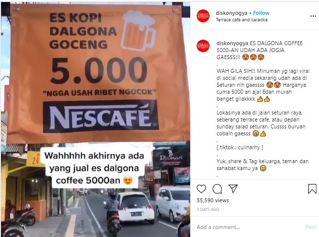Usai Pamulang, Penjual Es Dalgona Coffee Kaki Lima Hadir di Yogyakarta. (Instagram/@diskonyogya)